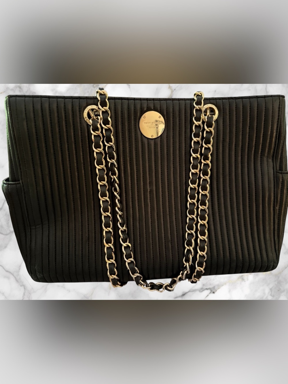 Retired Henri Bendel Black Quilted Tote with Gold Chain Straps